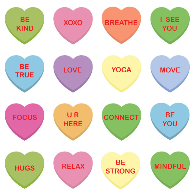 Conversation Heart candies with mindful messages.